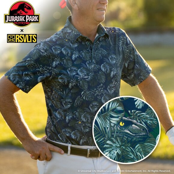 RSVLTS Jurassic Park All Day Golf Polo Men Size Large Clever Girl Aloha Dinosaur - Picture 2 of 16
